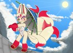 anthro clothed clothing female footwear hair japan_flag looking_at_viewer multi_tail one-piece_swimsuit parasol sandals shoes smile solo summer swimwear tail fionthebunny canid canine fox mammal digital_media_(artwork) hi_res