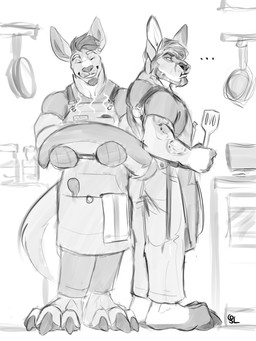 anthro apron arm_markings barefoot beard bottomwear claws clothed clothing cooking duo eyes_closed facial_hair feet front_view grin hair holding_tail inside kitchen male male_anthro markings narrowed_eyes pants shirt short_hair side_view smile standing t-shirt tail toe_claws topwear solaxe_(artist) kangaroo macropod mammal marsupial hi_res monochrome sketch