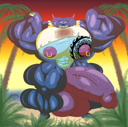 abs anthro areola balls beach biceps big_areola big_balls big_muscles big_nipples big_pecs big_penis bodily_fluids clothing flexing flexing_bicep flexing_both_biceps genitals grin huge_areola huge_balls huge_muscles huge_nipples huge_pecs huge_penis hyper hyper_balls hyper_genitalia hyper_muscles hyper_penis looking_at_viewer male muscular nipples nude pecs penis piercing smile solo sunset sweat sweaty_clothing sweaty_shirt sweaty_topwear tattoo boldemonic disney lilo_and_stitch stitch_(lilo_and_stitch) absurd_res hi_res huge_filesize