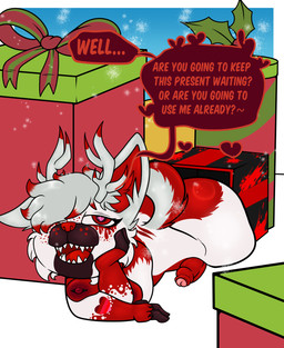 anthro areola breasts bubble_butt butt dialogue foreskin genitals gift gynomorph heart_eyes heart_symbol holidays intersex intersex/intersex lying nipple_piercing nipples offering_to_viewer on_front penis piercing shortstack shortstack_gynomorph shortstack_intersex snow solo speech_bubble teasing teasing_viewer text linyxart christmas folfie_winter canid canine canis deer hybrid mammal wolf 2025 digital_media_(artwork) english_text hi_res