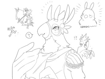 angry anthro archer arrow_(weapon) blush bow_(weapon) chasing fake_ears fake_rabbit_ears group humor interrobang male plantigrade question_mark ranged_weapon weapon aooni breath_of_the_wild nintendo the_legend_of_zelda kass_(tloz) link revali avian bird humanoid hylian parrot rito hi_res monochrome