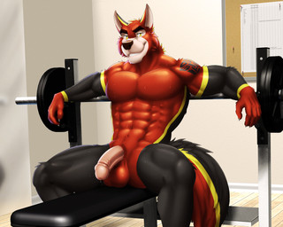 anthro balls big_penis bodily_fluids bulge countershading exercise flaccid genitals humanoid_genitalia humanoid_penis male muscular muscular_anthro muscular_male nude nude_workout penis solo spread_legs spreading sweat weights workout dream_and_nightmare canid canine canis mammal wolf 5:4