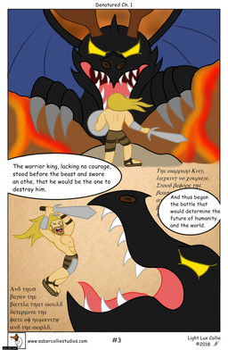 battle black_body comic_panel duo feral fight fighting_pose fire king lava male melee_weapon pose royalty sword text toony warrior weapon yellow_eyes lightluxcollie denatured_(lightluxcollie) mythology belmodeus_(lightluxcollie) dragon human mammal mythological_creature mythological_scalie scalie comic greek_text hi_res url