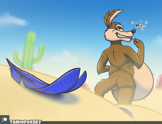 abdominal_bulge anthro belly big_belly brown_body brown_fur butt cactus day dessert food fur hiccuping huge_belly loose_feather male motion_lines outside patreon_logo picking_teeth plant rear_view smile solo standing tail tan_body tan_fur teeth text vore tanio looney_tunes patreon warner_brothers wile_e._coyote canid canine canis coyote mammal 2026 artist_name signature