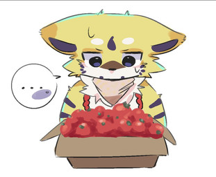 anthro bib box cardboard cardboard_box container ears_aside food front_view fruit fur looking_down male multicolored_arms multicolored_body multicolored_ears multicolored_fur plant simple_background solo speech_bubble tomato yellow_body yellow_fur ranshinumeda334 canid canine canis mammal wolf 2025