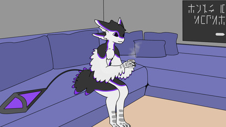 4_ears ambiguous_gender anthro avali_scratch_(text) beverage black_body black_feathers black_fur candy chocolate claws container cup dessert feathers feet fingers food fur furniture grey_claws hair hot_chocolate kita'vali multi_ear pattern_background purple_eyes simple_background sofa solo tail toes white_body white_feathers white_fur staticalowo static_(staticalowo) avali absurd_res digital_media_(artwork) hi_res