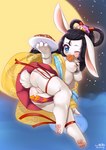 2019 anthro black_hair blue_eyes blush bracelet clothing female food genitals hair hi_res jewelry lagomorph leporid long_hair looking_at_viewer mammal one_eye_closed pastry plate pussy rabbit solo wolflong