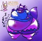 anthro blue_body duo expansion female female/female heart_eyes heart_symbol overweight overweight_female sloshing_belly text winguthings super_lesbian_animal_rpg allison_goleta melody_amaranth english_text hi_res trans_(lore) trans_woman_(lore)