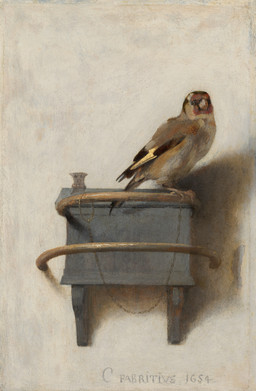 ambiguous_feral ambiguous_gender beak biped bipedal_feral bound chain chained detailed_background feathered_wings feathers feet feral looking_away painterly side_view solo standing tail tail_feathers talons text toes wall_(structure) wings carel_fabritius public_domain avian bird cardueline_finch european_goldfinch passerine true_finch 1654 17th_century absurd_res ancient_art artist_name dated hi_res oil_painting_(artwork) painting_(artwork) traditional_media_(artwork) traditional_painting_(artwork)