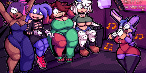 anthro bad_singing big_breasts black_nose boots bottomwear breasts brown_body cheering cleavage clothed clothing countershade_face countershade_torso countershading crop_top dipstick_fingers dress ear_piercing eighth_note electronics exposed_shoulder eyewear female footwear fur furniture glasses gloves group hair handwear head_tuft high_heels hotpants huge_breasts karaoke lipstick makeup markings microphone midriff musical_note musical_symbol piercing pink_nose purple_body purple_fur purple_hair red_body red_fur shirt shoes shorts singing sitting sofa spots spotted_body standing symbol thick_thighs topwear tuft under_boob wearing_glasses white_body derocrossh sega sonic_the_hedgehog_(series) fan_character samsara_the_mink tanya_the_sheep_(foxnightshade) bovid caprine eulipotyphlan hedgehog lagomorph leporid mammal mink mustelid musteline rabbit sheep true_musteline 2:1 absurd_res hi_res