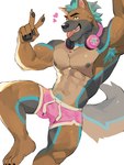 abs anthro barazoku biceps black_body black_fur black_nipples boxers_(clothing) boxers_only brown_body brown_fur bulge clothed clothing electronics fur gesture hand_gesture headphones headphones_around_neck heart_symbol male muscular muscular_anthro muscular_male nipples pecs pink_boxers pink_clothing pink_underwear pubes shirtless_anthro shirtless_male solo tongue tongue_out topless underwear underwear_only v_sign spamzilla canid canine canis mammal wolf 2024 absurd_res hi_res