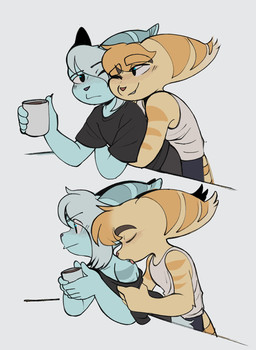 anthro beverage black_clothing black_shirt black_topwear blonde_hair blue_body blue_fur blue_hair blush clothing coffee coffee_mug container cup duo emo_haircut eyes_closed fur hair hug hugging_another licking licking_another male male/male male_anthro markings one_eye_closed pink_nose ring_(marking) ringed_tail shirt shoulder_lick simple_background standing striped_body striped_fur striped_markings striped_tail stripes tail tail_markings tan_body tan_clothing tan_fur tan_shirt tan_topwear tank_top thin_tail tongue tongue_out topwear white_background yellow_body yellow_fur time_fluffy500 ratchet_and_clank sony_corporation sony_interactive_entertainment mopz_(ratchet_and_clank) sprocket_(ratchet_and_clank) lombax mammal digital_media_(artwork) hi_res