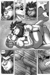 abs anal anthro biceps big_muscles canid canine canis comic dialogue domestic_dog duo english_text felid greyscale hi_res lion male male/male male_penetrated male_penetrating male_penetrating_male mammal monochrome muscular muscular_male nipples pantherine pecs penetration ryuu_majin sex speech_bubble text tongue vein