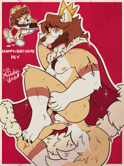 anthro anus balls biped birthday body_hair cake cape chest_hair circumcised clothing crown dessert eyewear flaccid food genitals glans glasses gold_(metal) gold_crown gold_jewelry headgear humanoid_genitalia humanoid_penis jewelry male male_anthro nipples penis presenting presenting_anus pubes red_cape red_clothing solo mrdarknesswolf yotehev_(character) canid canine mammal 3:4 hi_res