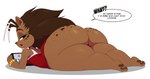 anthro big_butt bottomless bottomless_anthro bottomless_female brown_body brown_fur brown_hair butt clothed clothing dialogue feet female fingers freckled_butt freckled_face freckles fur hair hindpaw huge_butt looking_at_viewer looking_back lying on_front pan paws short_stack simple_background solo text thick_thighs wide_hips bigdon1992 cuphead_(game) mila_thornmier mammal porcupine rodent 2023 digital_drawing_(artwork) digital_media_(artwork) english_text hi_res