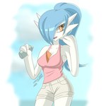 3_fingers blue_hair bottle bottomwear breasts cleavage clothed clothing container exercise female fingers hair hair_over_eye long_hair looking_away medium_breasts not_furry one_eye_obstructed ponytail shirt shorts solo tank_top topwear water_bottle cobra0281 nintendo pokemon alyx_(cobra0281) gardevoir generation_3_pokemon humanoid pokemon_(species) shiny_pokemon 1:1 2023 hi_res signature