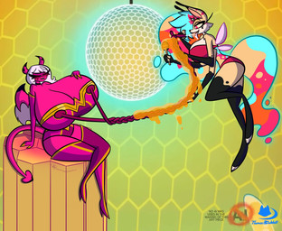 anthro armwear big_breasts bodily_fluids boots breasts clothing duo elastic_nipples elbow_gloves eyemask eyewear female food footwear gloves handwear high_heeled_boots high_heels honey_(food) honey_dipper huge_breasts hyper hyper_breasts lactating legwear leotard shoes superhero superhero_costume tail text thigh_boots thigh_highs thomasbluewolf hellaverse helluva_boss breast_woman queen_bee-lzebub_(helluva_boss) verosika_mayday arthropod bee canid canine demon fox hybrid hymenopteran insect mammal succubus 2026 digital_media_(artwork) english_text hi_res
