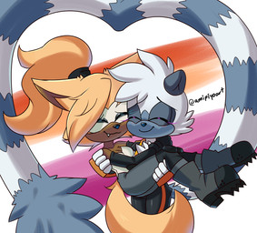 affectionate anthro bangs blush blush_lines boots bottomwear breasts bridal_carry carrying_another clothed clothing daww duo eyes_closed female female/female fluffy fluffy_tail footwear fully_clothed fur gesture hair handwear happy holding_partner intimate knee_pads lesbian_pride_colors lgbt_pride long_tail love markings orange_lesbian_pride_colors pants ponytail pride_color_background pride_colors romantic romantic_ambiance romantic_couple shirt shoes simple_background sleeveless_shirt smile standing striped_body striped_fur striped_markings stripes tail tail_gesture tail_heart tank_top topwear yoga_pants amipiyo idw_publishing sega sonic_the_hedgehog_(comics) sonic_the_hedgehog_(idw) sonic_the_hedgehog_(series) tangle_the_lemur whisper_the_wolf canid canine canis lemur mammal primate ring-tailed_lemur strepsirrhine wolf