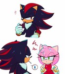 anthro black_body black_fur bodily_fluids clothing duo female fur gloves green_eyes handwear male pink_body pink_fur red_eyes simple_background sweat white_background hhhh_0103 sega sonic_the_hedgehog_(series) amy_rose shadow_the_hedgehog eulipotyphlan hedgehog mammal hi_res