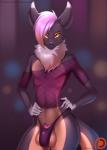 abstract_background amber_eyes ball_camel_toe balls big_balls claws clothing femboy fishnet_clothing fishnet_shirt fishnet_topwear genitals hair looking_at_viewer male penis penis_base pink_hair purple_clothing purple_thong purple_underwear shirt simple_background solo text thong topwear underwear doomthewolf dirtyrenamon tristan_(dirtyrenamon) kangaroo macropod mammal marsupial hi_res