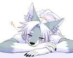 4_fingers anthro black_claws black_nose chest_tuft claws clothing eyes_closed female female_anthro fingers fur grey_body grey_fur hair highlights_(coloring) inner_ear_fluff kemono long_hair purple_highlights shirt simple_background sleeping solo sound_effects topwear tuft vowelless vowelless_sound_effect white_body white_clothing white_fur white_hair white_shirt white_topwear zzz ookamiwaho okami_bark canid canine canis mammal wolf digital_media_(artwork) hi_res