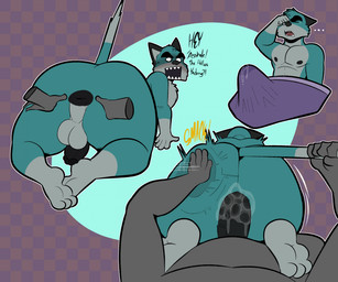 3_toes anal_fluids anthro anus backsack balls big_balls big_butt big_penis blush bodily_fluids butt butt_ripples butt_slap disembodied_hand duo ellipsis erection_under_blanket feet first_person_view flaccid genital_fluids genitals huge_butt just_woke_up leaking_precum looking_at_viewer looking_back looking_back_at_viewer male male/male open_mouth penis precum precum_stain puffy_anus sharp_teeth slap spanking spread_butt spreading straight_tail tail tail_grab tail_pull teeth thick_thighs toes zackdadawg bedfellows anon sheen_(bedfellows) canid canine canis domestic_cat domestic_dog felid feline felis humanoid mammal hi_res