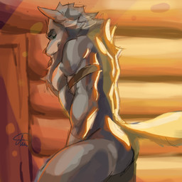 anthro clothed clothing fur grey_body grey_fur male multicolored_body multicolored_fur muscular muscular_anthro muscular_male pointy_ears solo topless topless_anthro topless_male two_tone_body two_tone_fur wall_(structure) wood wood_wall arynemi far_beyond_the_world_(series) ranok_(far_beyond_the_world) 1:1 hi_res
