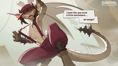 4_fingers anthro biped breasts brown_hair brown_horn claws clothed clothed_anthro clothed_female clothing crouching dialogue facial_piercing featureless_breasts female finger_claws fingers front_view grey_body grey_tail hair hat headgear headwear horn looking_at_viewer nose_piercing open_mouth open_smile outside piercing small_breasts smile solo speech_bubble tail teeth text tomboy wings danomil deadlock valve ivy_(deadlock) gargoyle 16:9 2026 digital_drawing_(artwork) digital_media_(artwork) english_text hi_res translated widescreen