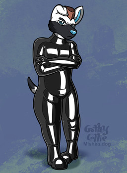 ambiguous_gender annoyed anthro black_body black_eyebrows black_fur black_tail_tip blue_eyes blue_inner_ear blue_nose clothing crossed_arms dipstick_tail eyebrows fur hat headgear headwear humanoid_hands latex latex_clothing latex_skinsuit looking_at_viewer markings skinsuit solo standing tail tail_markings tight_clothing white_body white_fur white_tail gothycollie ace_(merlin) 2025 digital_drawing_(artwork) digital_media_(artwork) english_description hi_res