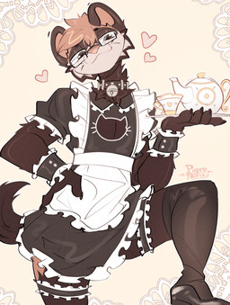 :3 anthro bedroom_eyes bell bell_collar brown_body brown_eyes brown_fur brown_tail cheek_tuft clothing collar container cup eyewear facial_tuft fluffy fluffy_tail footwear fur glasses hair heart_symbol high_heels legwear looking_at_viewer maid_uniform male narrowed_eyes pink_nose seductive shoes simple_background smile smiling_at_viewer solo stockings tail tan_body tan_fur tan_hair tea_cup tea_set teapot tuft uniform wristband pigronora fenrir_the_ferret domestic_ferret mammal mustelid musteline true_musteline weasel 2025 digital_drawing_(artwork) digital_media_(artwork) hi_res watermark