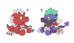 anthro chibi claws duo eyebrow_piercing facial_piercing green_hair hair kerchief male mask neckerchief neckwear piercing purple_body question_mark red_body sitting samekohi bandai_namco digimon digimon_(species) growlmon punkmon scalie 2024 hi_res