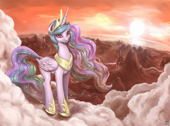 canterlot cloud crown cutie_mark feathered_wings feathers female feral fur hair headgear horn jewelry landscape looking_at_viewer mountain multicolored_hair necklace outside purple_eyes royalty sky solo sun white_body white_feathers white_fur wings mrs1989 friendship_is_magic hasbro my_little_pony mythology princess_celestia_(mlp) equid equine mammal mythological_creature mythological_equine winged_unicorn 2015 absurd_res hi_res