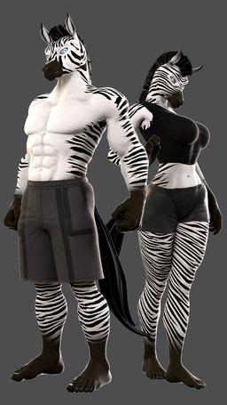 5_fingers 5_toes abs anthro athletic athletic_anthro athletic_female athletic_male black_hair black_stripes bottomwear breasts clothed clothing duo feet female fingers fur hair humanoid_feet humanoid_hands male navel plantigrade shirt shorts stripes tank_top toes topless topless_anthro topless_male topwear white_body white_fur petruz petruz_(modeler) equid equine mammal zebra 3d_(artwork) 9:16 absurd_res blender_(artwork) digital_media_(artwork) hi_res