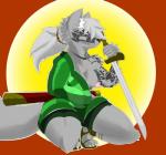 anthro breasts female melee_weapon nipples one_breast_out solo sword tattoo weapon rheumatism canid canine canis mammal wolf