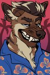 aloha_shirt anthro brown_body brown_fur clothing ear_piercing flower fur hibiscus male palm_tree pattern_clothing pattern_shirt pattern_topwear piercing plant shirt smile smirk snarling solo topwear tree fetishame shuck hyena mammal yebra 2:3 absurd_res hi_res