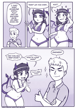 big_breasts breasts dialogue duo female huge_breasts male male/female mental_transformation nerd overweight transformation weight_gain 1bit-deviant demon demon_humanoid human humanoid mammal succubus absurd_res comic hi_res screentone