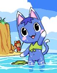 ambiguous_gender anthro beach big_eyes big_head blue_body blue_fur blue_hair blush blush_lines bottomless bra bra_only breasts butt casual_exposure chibi clothed clothing cloud day dipstick_ears dipstick_tail duo ear_markings eyebrows featureless_hands female fishing fishing_rod front_view fur genitals gesture gloves_(marking) grass green_bra green_clothing green_underwear hair happy holding_fishing_rod holding_object innie_pussy looking_at_viewer markings multicolored_body multicolored_ears multicolored_fur navel oblivious open_mouth open_smile outside partially_submerged plant pussy question_mark red_clothing red_shirt red_topwear seaside shirt shirt_only small_breasts smile solo_focus standing tail tail_markings toony_eyes topwear topwear_only two_tone_body two_tone_fur underwear underwear_only waving wet white_body white_fur grorby animal_crossing nintendo hazel_(animal_crossing) rosie_(animal_crossing) domestic_cat felid feline felis mammal rodent sciurid tree_squirrel 2025 cel_shading digital_media_(artwork) full-length_portrait low_res pixel_(artwork) portrait shaded female_(lore)