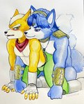 all_fours anthro armor athletic athletic_anthro athletic_male bedroom_eyes blue_body blue_fur blush bodily_fluids bulge butt butt_tattoo clothed clothing collar crossgender duo fluffy fluffy_tail ftm_crossgender fur looking_back male male/male mostly_nude narrowed_eyes on_ground scarf seductive simple_background smile sweat sweatdrop tail tattoo topless unconvincing_armor yellow_body yellow_fur ulala_ko nintendo star_fox fox_mccloud krystal_(star_fox) canid canine fox mammal 2025 hi_res painting_(artwork) traditional_painting_(artwork) traditional_watercolor_(artwork) watercolor_(artwork)