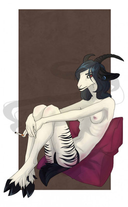 anthro areola biped breasts cigarette clothed clothing female fur hair hooves horn long_hair looking_at_viewer nipples panties pillow red_eyes simple_background sitting skinny small_breasts smoking solo topless underwear white_body white_fur drmax bovid caprine goat mammal hi_res