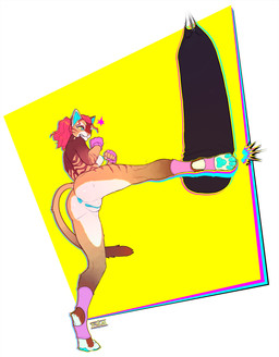 abstract_background anthro anus areola bared_teeth blue_anus blue_areola blue_nipples blue_pawpads blue_vulva bodily_fluids breasts bright_colors butt clothing cmyk digitigrade emanata feet female flash_emanata foot_wraps genitals hair hand_wraps handwear high_kick kick kickboxing mostly_nude multicolored_eyes nipples pawpads pink_hair ponytail punching_bag raised_leg serious side_boob simple_background solo standing star_emanata stripes sweat tail teeth two_tone_eyes vulva wraps yellow_sclera sugarblight gnab_(gnabgnoffe) domestic_cat felid feline felis mammal absurd_res hi_res