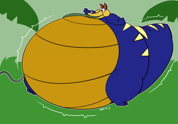 3_toes 4_fingers abstract_background anthro balloon_belly belly belly_inflation biped blue_body blue_scales cheek_bulge facial_horn feet fingers forest grass horn hose hose_in_mouth hose_inflation inflation jungle leaf lines_drawn liquid_inflation male markings nature nature_background nose_horn orange_inner_ear outside palm_leaves plant scales solo standing striped_markings striped_tail stripes tail tail_markings toes toony tree ventral_scales water_inflation yellow_belly yellow_body yellow_scales yellow_stripes yellow_underbelly cozzy kratts'_creatures pbs ttark dinosaur prehistoric_species reptile scalie 2023 colored digital_drawing_(artwork) digital_media_(artwork) flat_colors hi_res signature