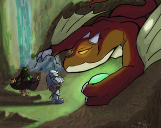 anthro armor cave fantasy female feral group knight male melee_weapon pauldron priest priest_robes shield sword trio warrior waterfall weapon ails mythology canid canine dragon mammal mythological_creature mythological_scalie scalie hi_res