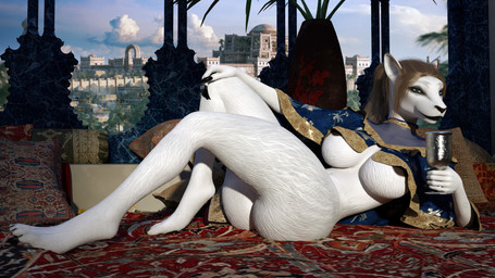 anthro areola big_butt breasts bubble_butt butt clothed clothing container cup detailed_background digitigrade female fur holding_container holding_cup holding_object landscape medium_breasts mostly_nude_female nipples partially_clothed solo thick_thighs under_boob white_body white_fur chadotexas canid canine canis mammal wolf 16:9 2024 3d_(artwork) absurd_res digital_media_(artwork) hi_res widescreen