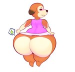 anthro big_butt black_nose blush bottomwear brown_body brown_fur butt clothed clothing curvy_figure dressing female food fruit fur huge_butt hyper hyper_butt overweight overweight_anthro overweight_female pear plant shy simple_background smile solo thick_thighs tight_clothing torn_clothing undersized_clothing wardrobe_malfunction wide_hips abunbot animal_crossing nintendo maddie_(animal_crossing) canid canine canis domestic_dog mammal digital_media_(artwork) hi_res