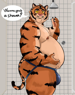 anthro areola belly belly_overhang big_belly big_bulge bulge claws clothed clothing dialogue eyebrows fur inside inviting jockstrap looking_at_viewer male moobs nipples overweight overweight_anthro overweight_male shower side_view smile solo standing talking_to_viewer teeth text thick_arms thick_thighs topless topless_anthro topless_male tuft underwear longleynus felid mammal pantherine tiger 2025 absurd_res broken_language english_text hi_res