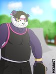 anthro black_clothing blurred_background bottomwear bracelet clothing fur hat headgear headwear jewelry male pink_clothing purple_body purple_fur shirt shorts skate_park skateboard slightly_chubby solo tank_top topwear vehicle white_body white_fur yellow_sclera mkaiast lifewonders tokyo_afterschool_summoners alp_(tas) bear giant_panda mammal absurd_res hi_res