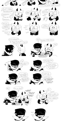 ambiguous_gender ambiguous_human anthro armor bashful clothed clothed_ambiguous clothed_anthro clothed_human clothed_male clothing dialogue duo embarrassed eyewear feeding food fries glasses horn humor laugh male male_anthro red_eyes scarf shadowed_face speech_bubble text honkadoi deltarune undertale_(series) kris_dreemurr ralsei bovid caprine goat human mammal 2025 absurd_res comic digital_media_(artwork) english_text hi_res nonbinary_(lore)