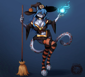 anthro big_breasts biped blue_eyes blue_fire blue_hair body_hair breasts chest_hair chest_tuft clothing colored_fire ear_tuft female fire food footwear fruit fur fur_markings grey_body hair legwear markings orange_markings pattern_clothing pattern_footwear pattern_legwear pattern_socks pattern_stockings pawpads plant pumpkin smile socks solo stockings striped_clothing striped_footwear striped_legwear striped_socks striped_stockings stripes tail tuft white_body ottobum felid feline mammal pantherine snow_leopard absurd_res hi_res