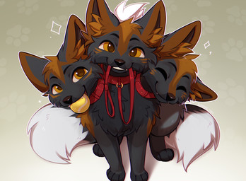 ambiguous_gender collar feet feral front_view fur leash looking_at_viewer multi_head simple_background sitting smile solo tail teeth toes bloominglynx canid canine fox mammal 2026 digital_drawing_(artwork) digital_media_(artwork) hi_res female_(lore)