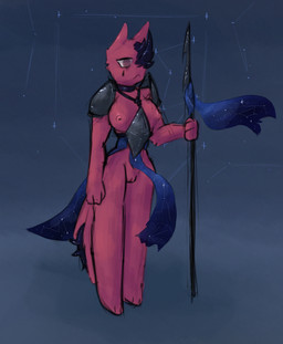 anthro choker clothing female genitals holding_object holding_weapon horn jewelry mature_female melee_weapon necklace nipples polearm red_body shoulder_guards simple_background solo soulless_eyes spades_(suit) spear standing star suit_symbol tail vulva weapon alexleviafan project_moon rain_world videocult artificer_(rain_world) slugcat digital_media_(artwork)